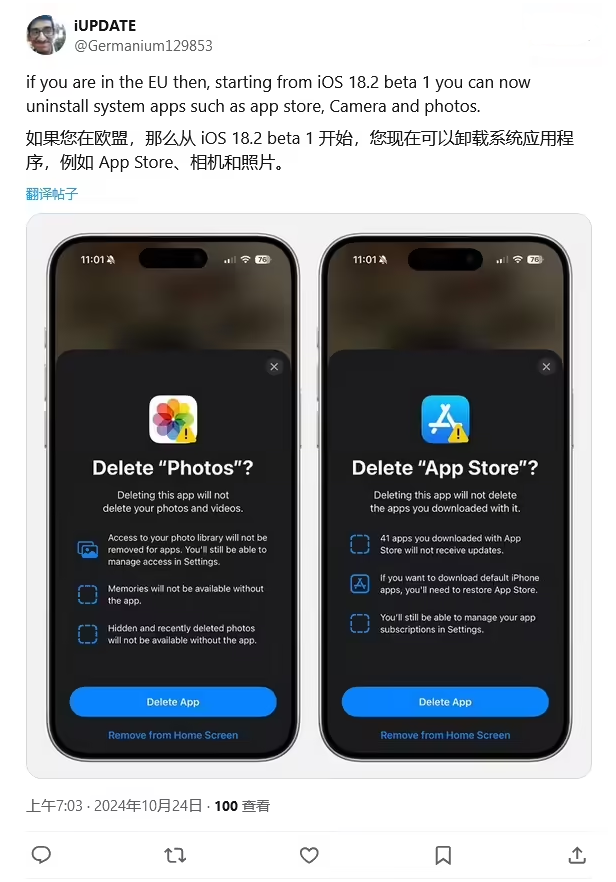 奇台苹果手机维修分享iOS 18.2 支持删除 App Store 应用商店 