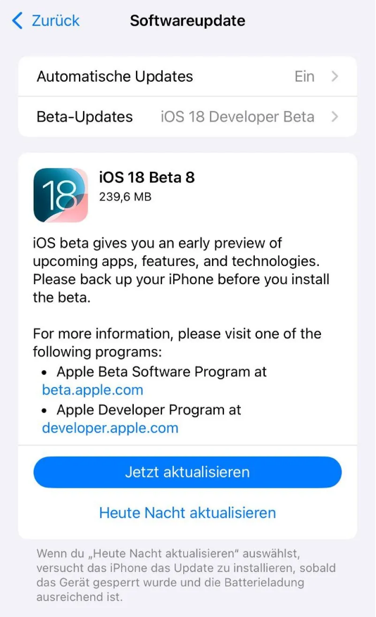 奇台苹果手机维修分享苹果 iOS / iPadOS 18 开发者预览版 Beta 8 发布 